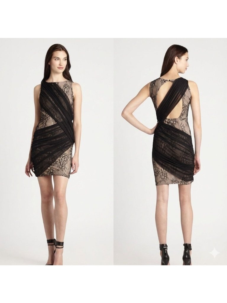 Alice + Olivia Black Nude Sheer Lace Draped Open Back Mini Dress 8 Nwt Flaw